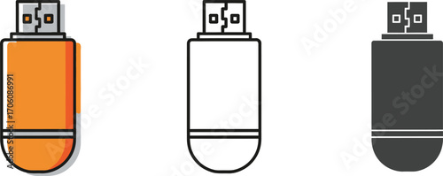 of Orange USB Flash Drive, Line Art, Isolated Vector, Data Storage, Modern