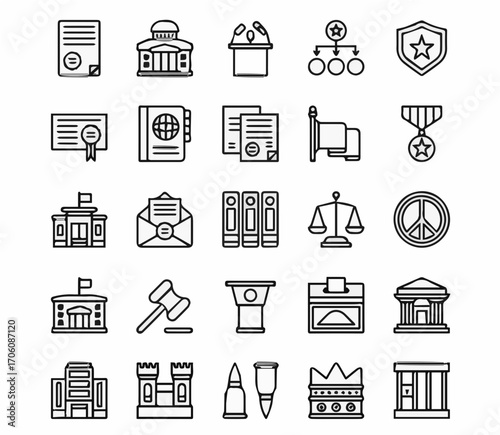 Government and Justice Icons for Legal and Civic Concepts, Modern Outline Style