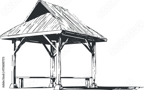 Illustration of a wooden pavilion structure with a sloped roof and supporting beams.