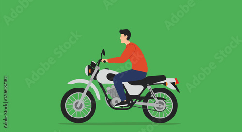 Young man in casual clothes riding a classic white motorcycle side view illustration.