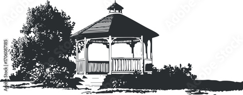 A beautiful black and white illustration of a gazebo surrounded by trees and shrubs.