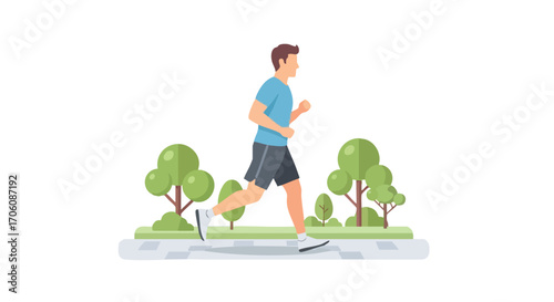 Young man in sportswear jogging on a path in a green park Flat vector illustration of a healthy lifestyle and outdoor exercise.