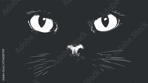 A striking illustration of a cat's face featuring large expressive eyes and whiskers.