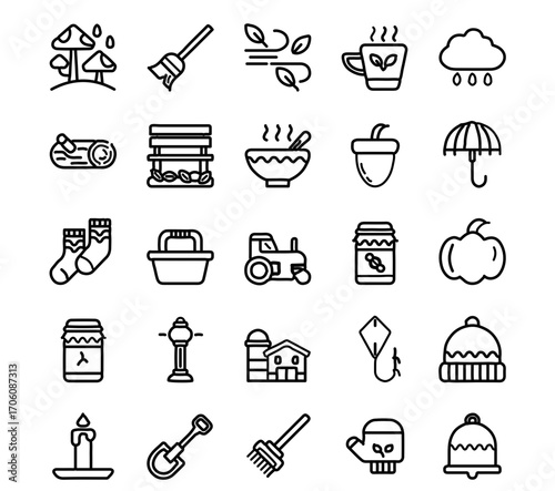 Cozy autumn icons represent harvest, warmth, and seasonal comfort in charming outline style