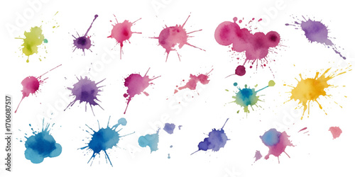 Vibrant Watercolor Splatter Art Collection. collection of colorful watercolor splatter designs on a white background.