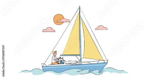 Young man with blonde hair steering a blue sailboat with yellow sails on the water.