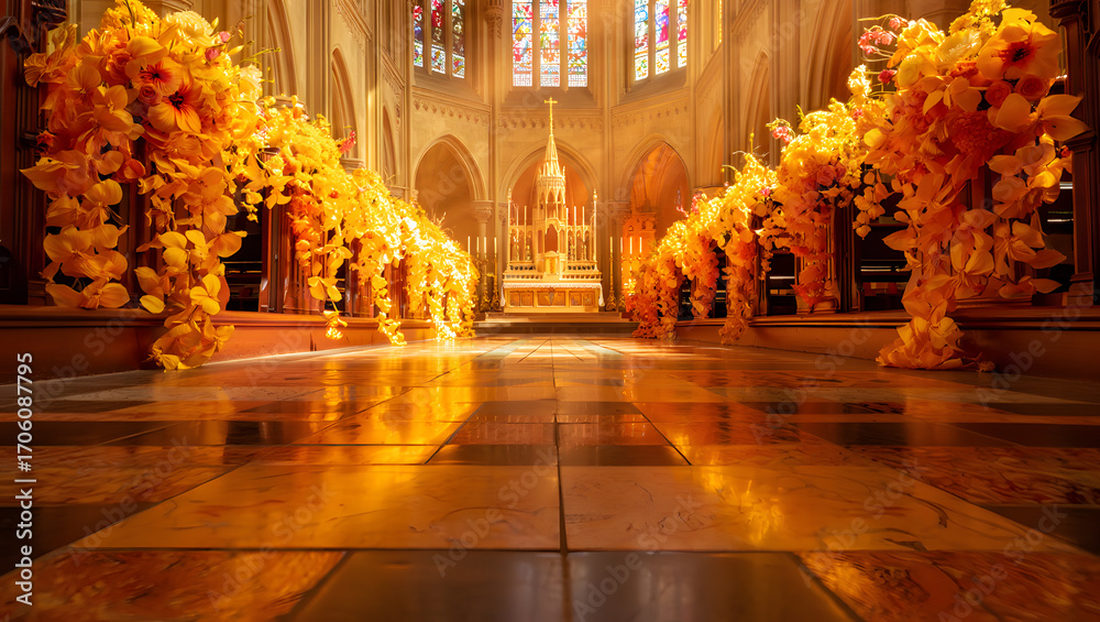 Fototapeta premium Ornate cathedral interior with warm floral decorations and stained glass light creating a sacred ambiance