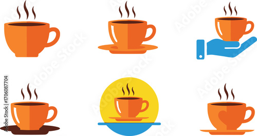 Orange Coffee Cup Flat Design Set with Steam in Isolated White Background. Set