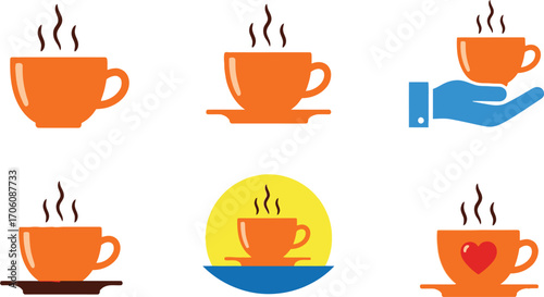 Orange Coffee Cup Set Collection With Steam On White