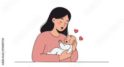 Young mother with black hair lovingly cradles her newborn baby singing a gentle lullaby with hearts.
