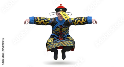 A mysterious Chinese zombie dressed in traditional attire leaps with outstretched arms, looking spooky