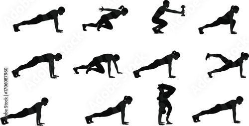 Silhouettes of woman performing diverse bodyweight exercises, stretches, and fitness moves including push-ups, squats, planks, and balance training.