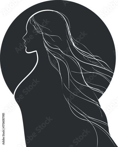 Minimalist silhouette of a woman with flowing hair in profile view on a black background.