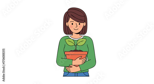 Young woman in a green sweater tenderly holding a small seedling in a terracotta pot.