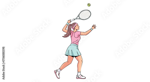Young woman in a pink shirt and light blue skirt serving a tennis ball with a racket.