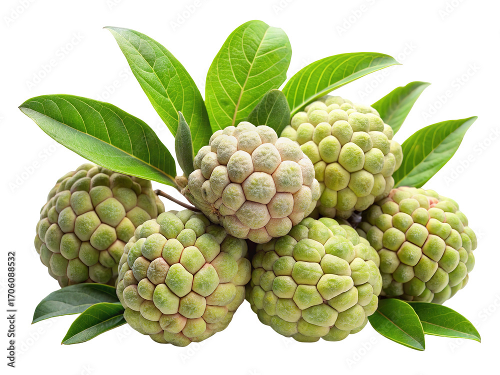 Fototapeta premium A cluster of fresh custard apples with vibrant green leaves isolated on transparent background