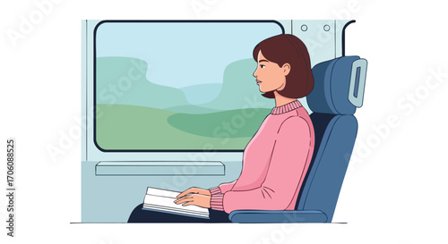 Young woman in a pink sweater traveling by train looking out the window with a book on her lap.