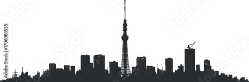 Silhouette of a city skyline featuring a prominent tower and urban buildings.
