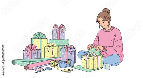 Young woman in a pink sweater sitting on the floor wrapping colorful presents for a holiday celebration.