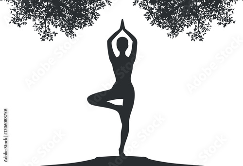 Silhouette of a person practicing yoga in a tree pose under a leafy canopy.