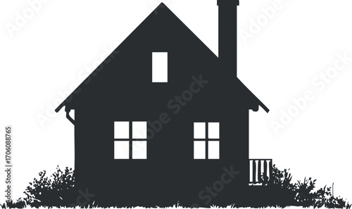 A silhouette of a traditional house with windows and a chimney surrounded by simple landscape.