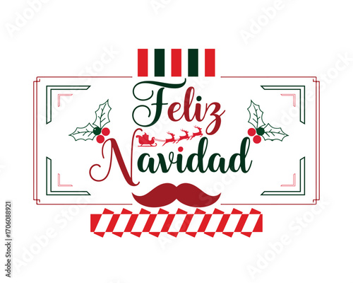 Feliz Navidad text with Santa sleigh and reindeer Christmas