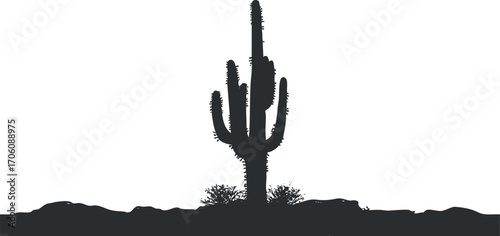 A striking silhouette of a cactus against a minimalist white background in a desert setting.