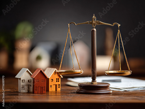 A decorative balance scale beside miniature houses, symbolizing justice in real estate or property matters, set against a blurred background.