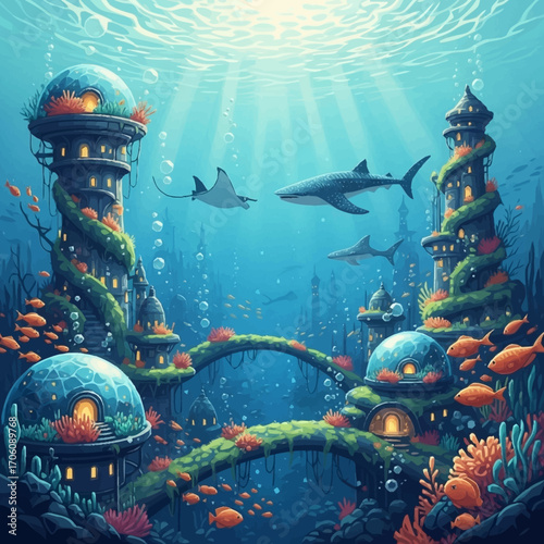 Underwater Cityscape Fantasy Ocean Kingdom with Sharks Manta Ray and Lush Coral Reefs