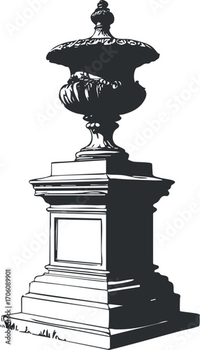 A decorative stone urn sculpture designed for gardens and outdoor landscapes.