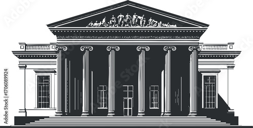 A detailed black and white illustration of a neoclassical building with columns and sculptures.