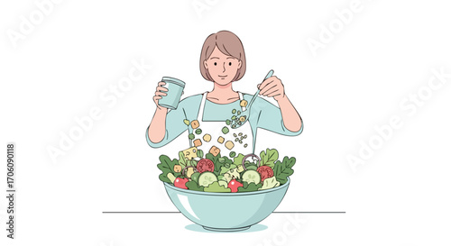 Young woman in an apron preparing a large fresh vegetable salad in a bowl.