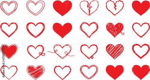 Hand drawn doodle hearts sketch collection various cute love icons and red heart symbols isolated on white background for valentine’s day designs