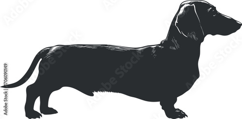 A silhouette illustration of a standing black dachshund dog showcasing its unique shape and features.