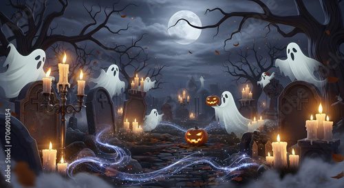 Whimsical ghosts celebrating in a haunted graveyard with glowing pumpkins and candles under a full moon for Halloween night