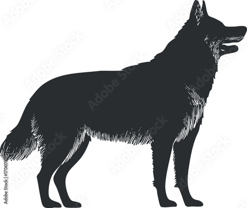 A detailed silhouette of a standing dog showcasing its profile and posture.