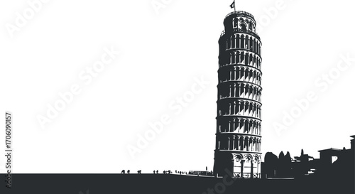 Silhouette of the Leaning Tower of Pisa against a stark white background showcasing architectural beauty.