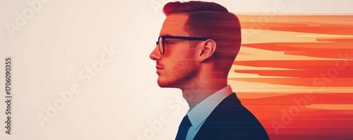 A stylized profile of a man in glasses, featuring a dynamic gradient background that suggests movement and innovation.