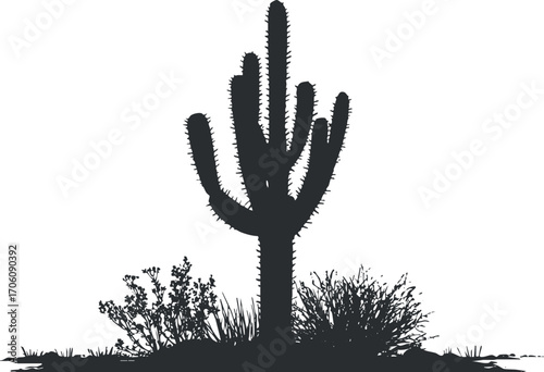 A silhouette of a cactus surrounded by desert vegetation against a white background.