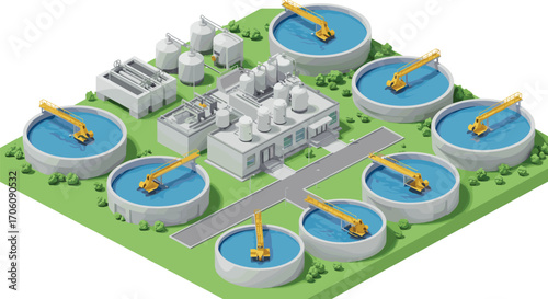 Industrial water treatment plant with multiple sedimentation tanks, wastewater recycling system, clean energy, 3D rendering, modern infrastructure, sustainability