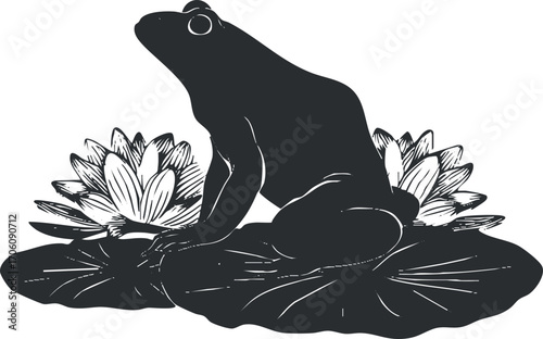 A detailed illustration of a frog sitting on a lily pad surrounded by water lilies.