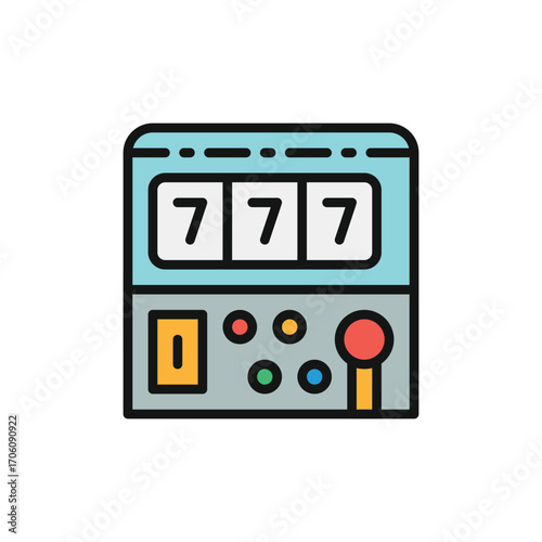 A stylized slot machine featuring a winning combination of three sevens