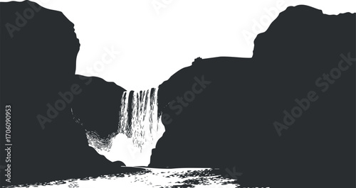 A stunning waterfall cascading through rocky cliffs in a serene natural landscape.