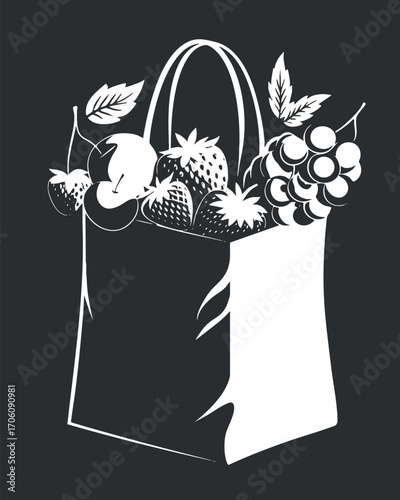 Illustration of a shopping bag filled with various fruits and vegetables on a dark background.