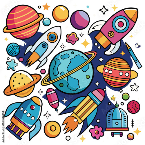 Colorful cartoon space adventure with planets rockets and stars