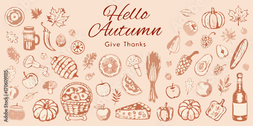 Hello autumn give thanks fall harvest collection with pumpkins apples fruits vegetables and grains