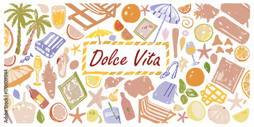 Dolce vita summer vacation beach lifestyle elements collage with tropical fruits and relaxation items