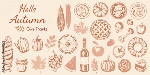 Hello autumn give thanks hand drawn illustration of seasonal food and fall harvest elements
