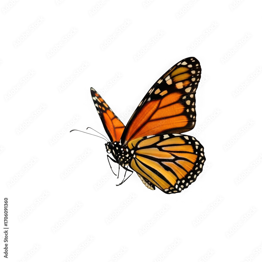 Obraz premium Vibrant monarch butterfly in flight detail close up nature insect photography isolated on transparent background