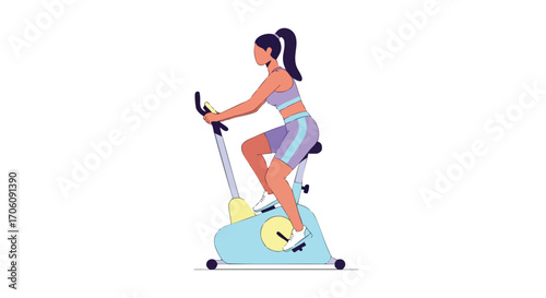 Young woman with a ponytail in purple sportswear working out on a stationary bike.